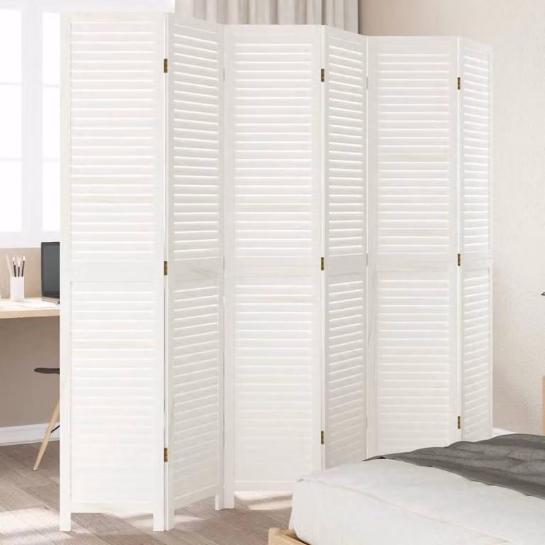 Divisorio Ambienti vidaXL con 6 Pannelli in Legno Massello di Paulownia Bianco Retrò H: 200 cm, L: 215 cm