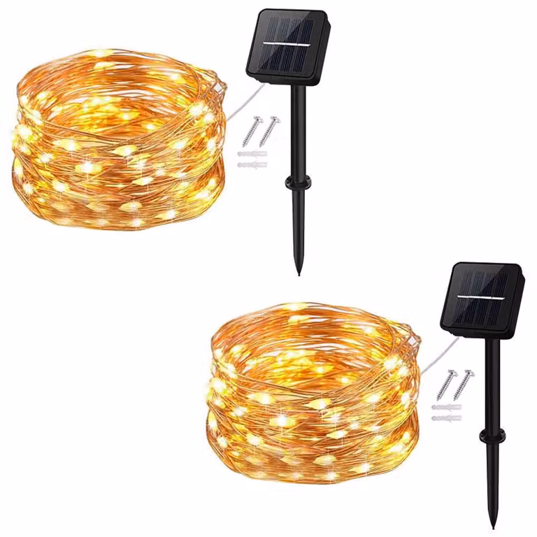 Catena luminosa solare con 50 LED, lunghezza 5 metri, 8 modalità, luce bianca calda, grado di protezione IP65