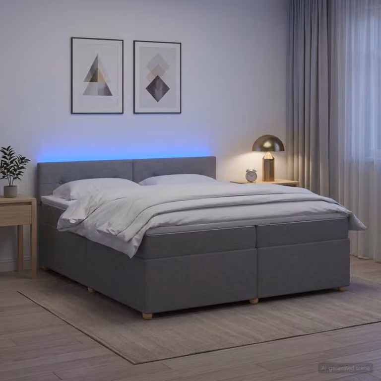 Letto box spring ibrido vidaXL con materasso a molle insacchettate e illuminazione sottostante, Grigio Chiaro, L/P: 200 x 200 cm