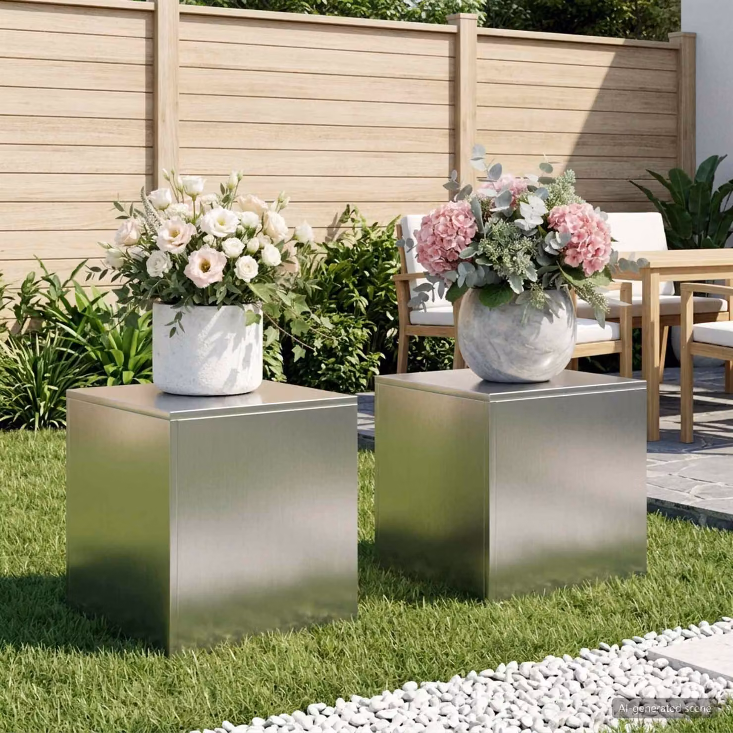 Set di 2 supporti per piante vidaXL in acciaio inox color argento L/P/H: 40 x 40 x 40 cm