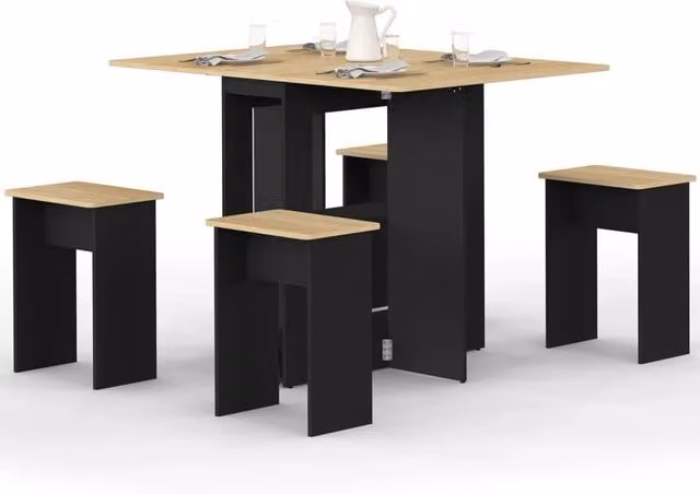 IDMarket Consolle pieghevole EDI in legno nero con piano in faggio ed estensione butterfly per 2-4 persone con 4 sgabelli – 1