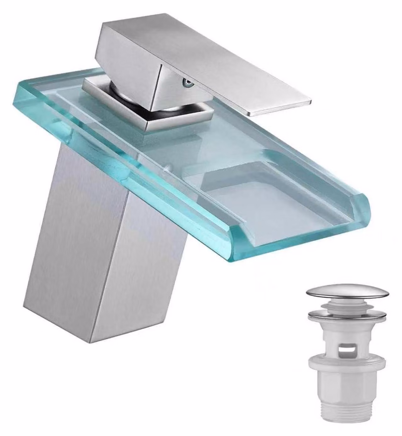 Miscelatore monocomando per lavabo, modello "waterfall", finitura spazzolata, completo di gruppo di scarico