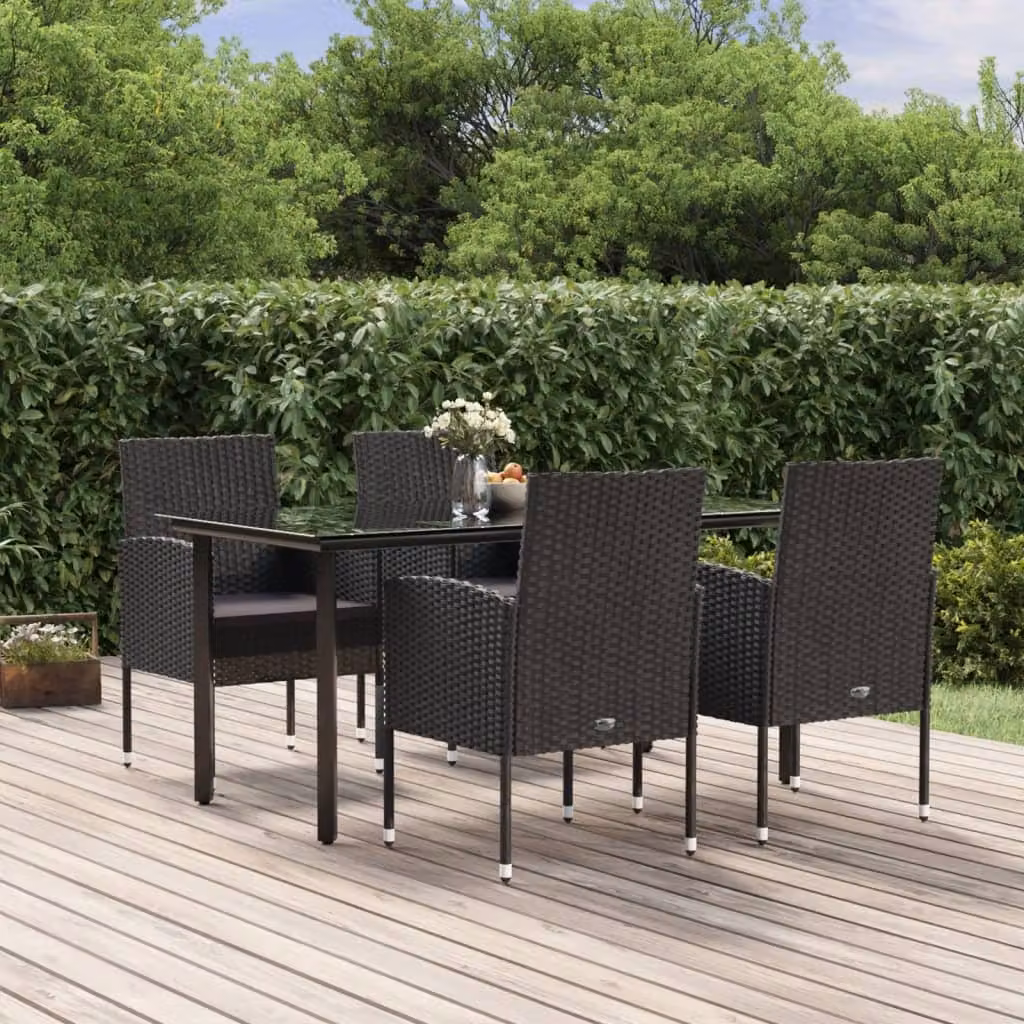 Set da pranzo da giardino vidaXL in polyrattan nero e grigio con tavolo in vetro e 5 pezzi