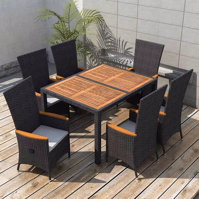 Set da pranzo da giardino vidaXL in 7 pezzi in polyrattan e legno di acacia nero e bianco