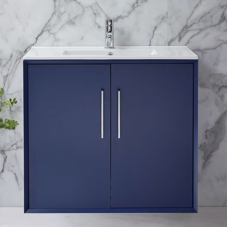 Mobile Bagno Sospeso Blu Marino 810mm con Lavabo e Maniglie Cromate con Barra a T - Edge