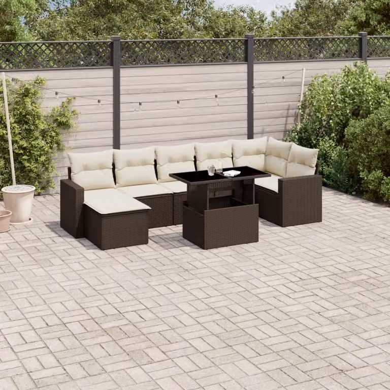 Set di divani da giardino vidaXL in polyrattan marrone e bianco con cuscini, tavolino e pouf, design moderno a L per esterno