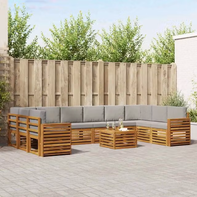 Set di divani da esterno a L vidaXL in legno di acacia con cuscini grigi e tavolino da giardino