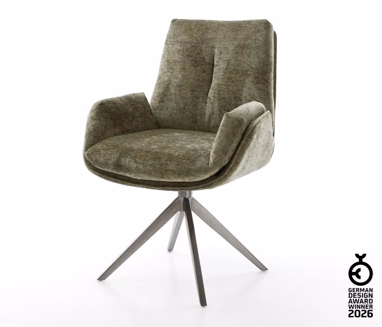 DELIFE Sedia girevole Clea-Flex, rivestita in velluto color oliva, base a croce in grafite, ampia, girevole a 360°, con funzione basculante