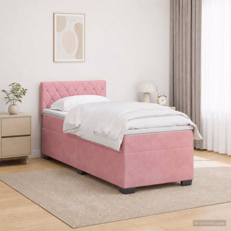 Letto con Box Spring vidaXL in Velluto Rosa con Materasso Ibrido, Illuminazione LED e Porta USB, L/P: 90 x 200 cm