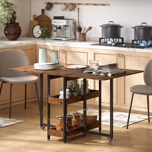 Tavolo da pranzo pieghevole OKWISH in legno marrone con piano a ribalta e ruote per cucina e sala da pranzo