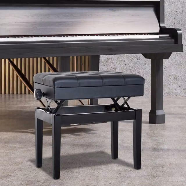 Panca per pianoforte OKWISH con vano contenitore, seduta imbottita in ecopelle nera e struttura in legno, altezza regolabile