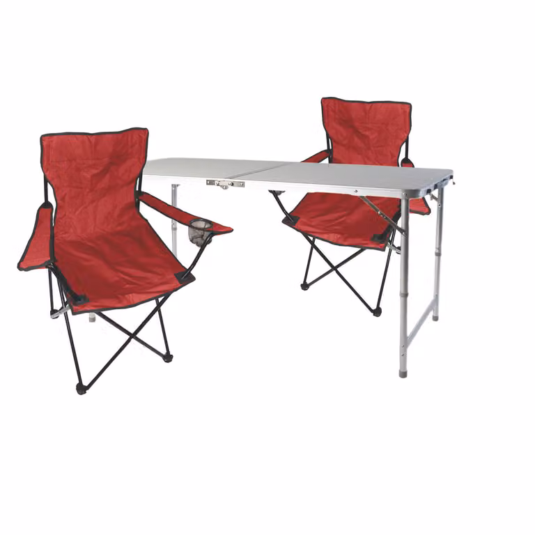 Set da campeggio composto da 3 elementi: tavolo rosso con altezza regolabile e due sedie con borsa per il trasporto