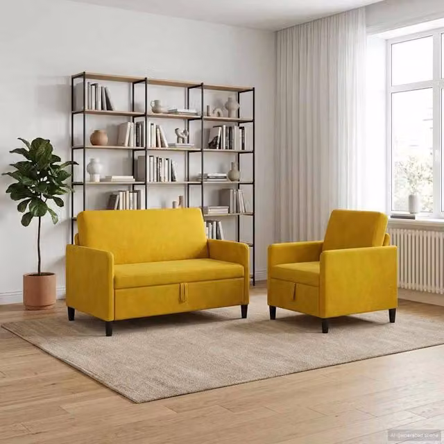 Set di 2 divani moderni vidaXL con contenitore a sollevamento, rivestimento in tessuto giallo per soggiorno