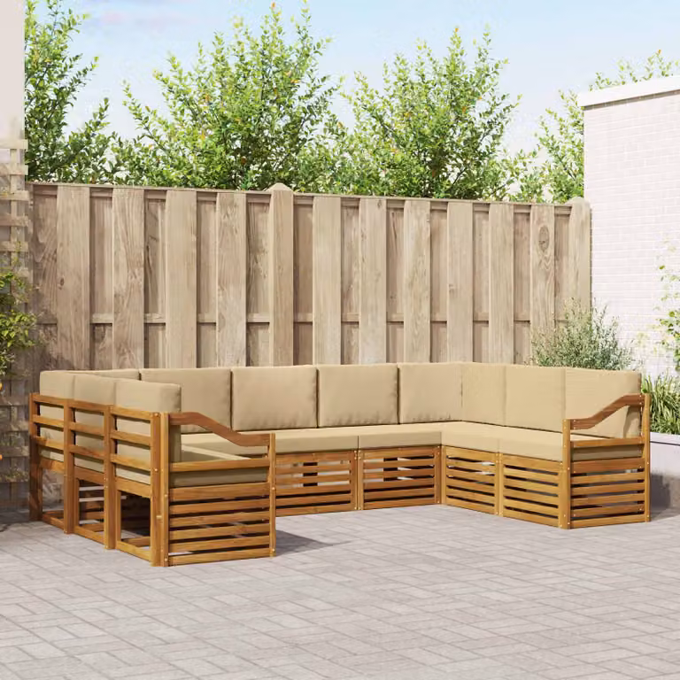 Set di divani da esterno a L vidaXL in legno di acacia con cuscini, 9 pezzi, Beige e Marrone