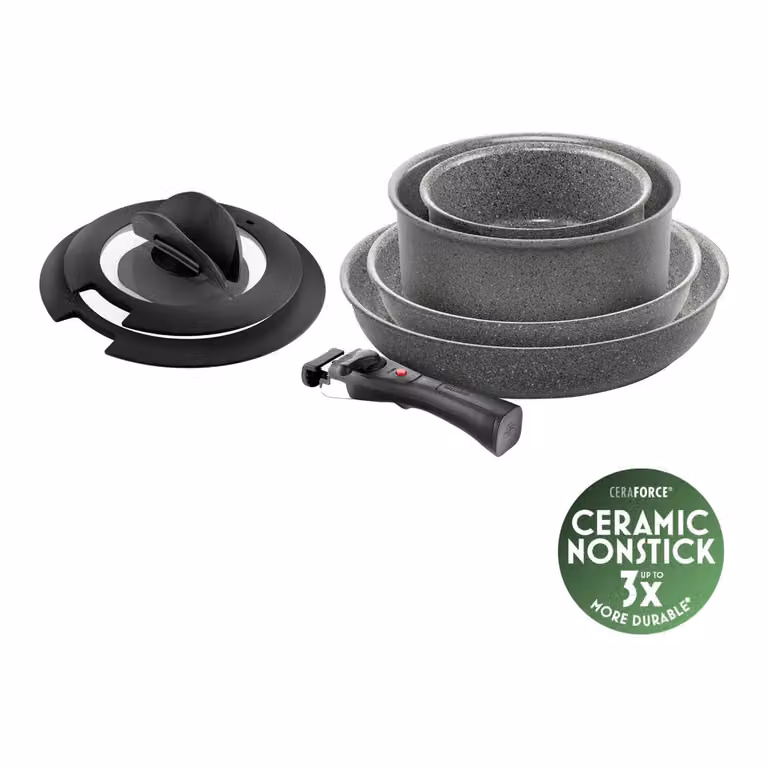 Batteria pentole in alluminio antiaderente PFAS Free, linea Torre, 7 pezzi