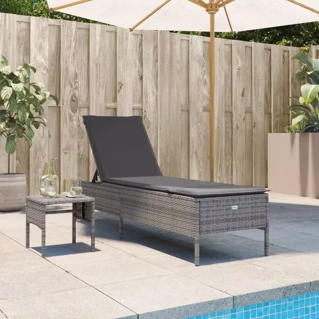 Lettino prendisole vidaXL in polyrattan grigio e bianco con cuscino impermeabile e tavolino laterale