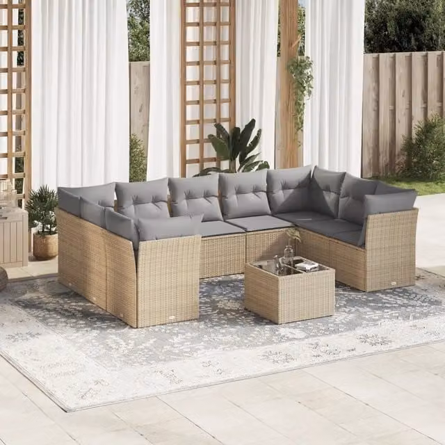 Set Divano da Giardino 10 pz con Cuscini Beige in Polyrattan 3218139