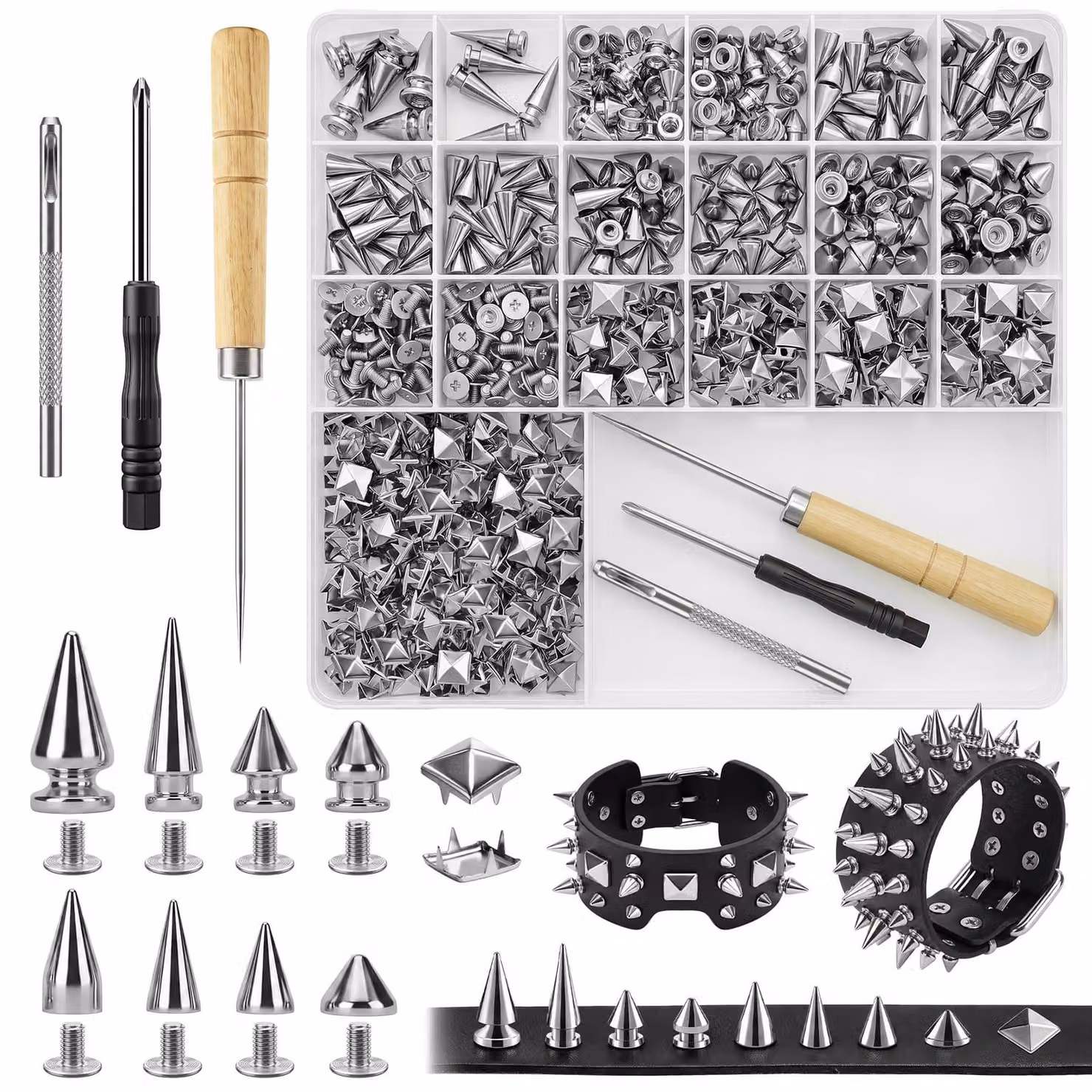 Set di chiodini per cuoio, composto da 603 pezzi, con perforatore e utensili