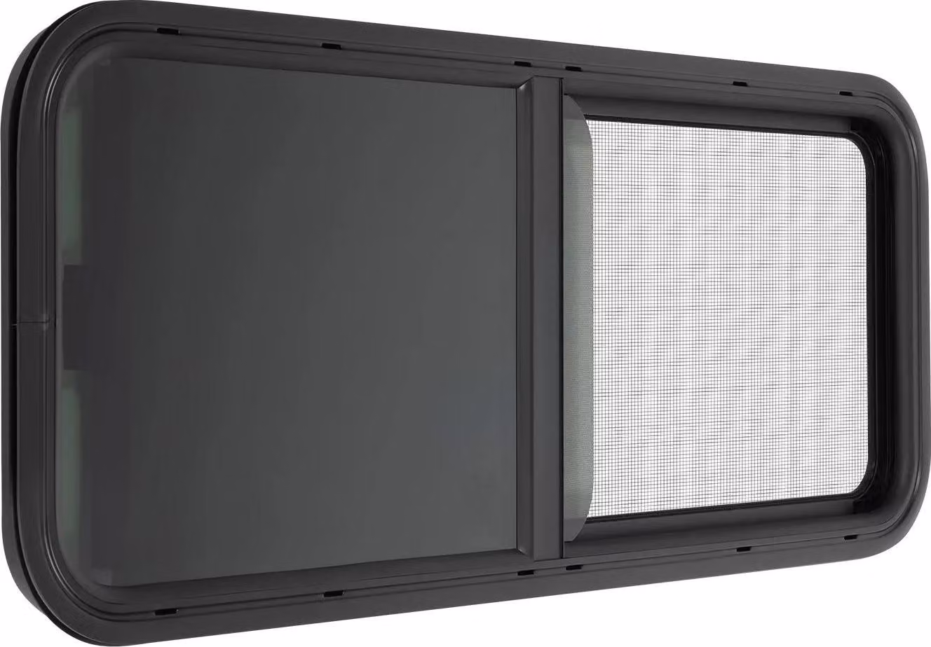 Finestra laterale per camper e roulotte - Finestra scorrevole - 90x30 cm - Telaio in alluminio - Vetro temperato nero oscurato al 25% - Zanzariera e tenda oscurante - Bianco