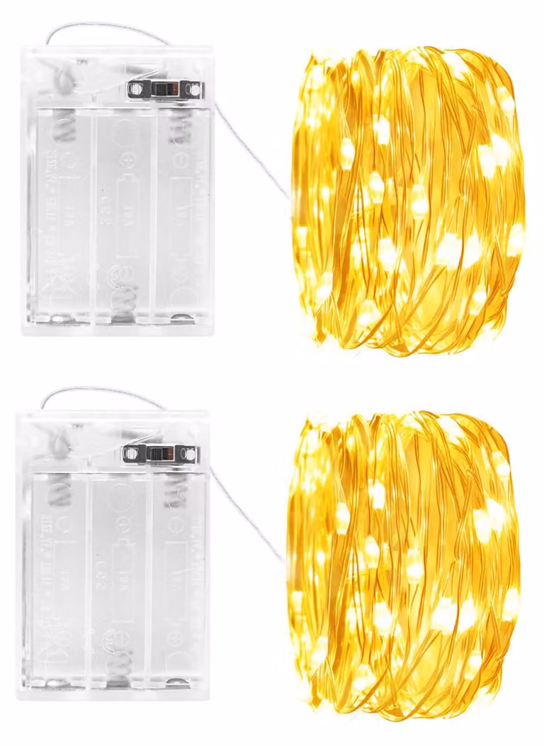 Catena luminosa a LED, set da 2, 5 metri, 50 LED, luce bianco caldo, timer, alimentazione a batteria