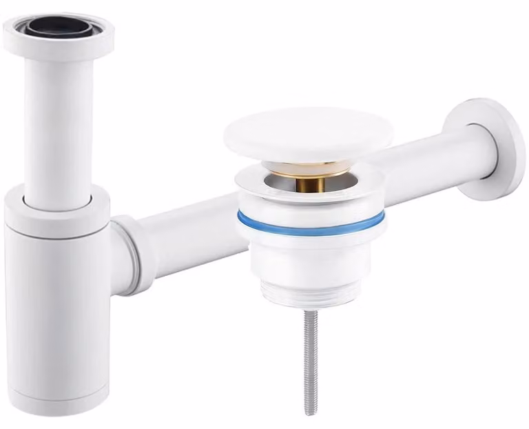 CERANO - Sifone per lavabo - ottone - DN32 mm - con scarico click-clack - senza troppopieno - tappo in Vetroceramica - bianco opaco