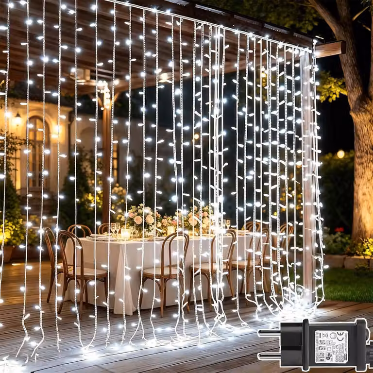 Tenda luminosa a LED, dimensioni 3x3 metri, 300 LED bianco freddo, timer, grado di protezione IP65