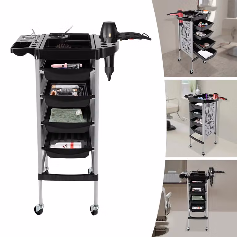 Carrello per parrucchiere in acciaio inossidabile bianco con 5 ripiani