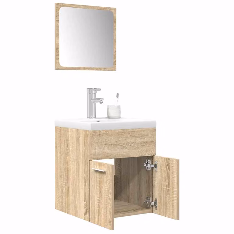Set di mobili da bagno moderno vidaXL in legno multistrato e vetro, colore bianco e marrone, composto da mobile lavabo e armadietto con specchio, L/P/H: 76,7 x 46 x 41 cm
