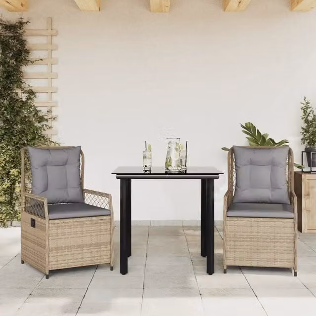 Set da pranzo da giardino moderno vidaXL in polyrattan con piano in vetro e cuscini beige composto da 3 pezzi – 1