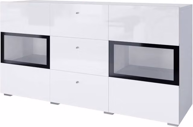 Buffet RAMOS – 2 porte in vetro + 3 cassetti – Colori bianco lucido e nero – LED non inclusa