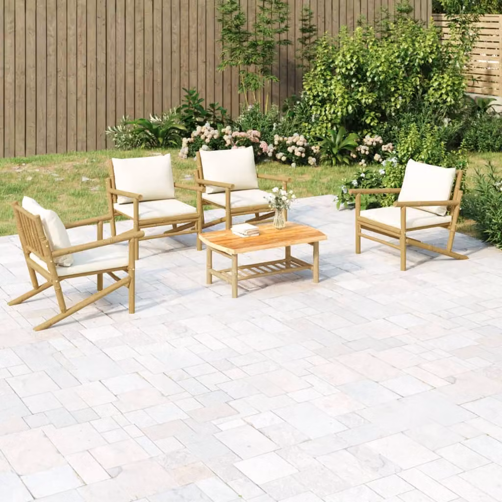 Set Salotto da Giardino vidaXL in Bambù con Cuscini Imbottiti, Colore Bianco Beige e Marrone