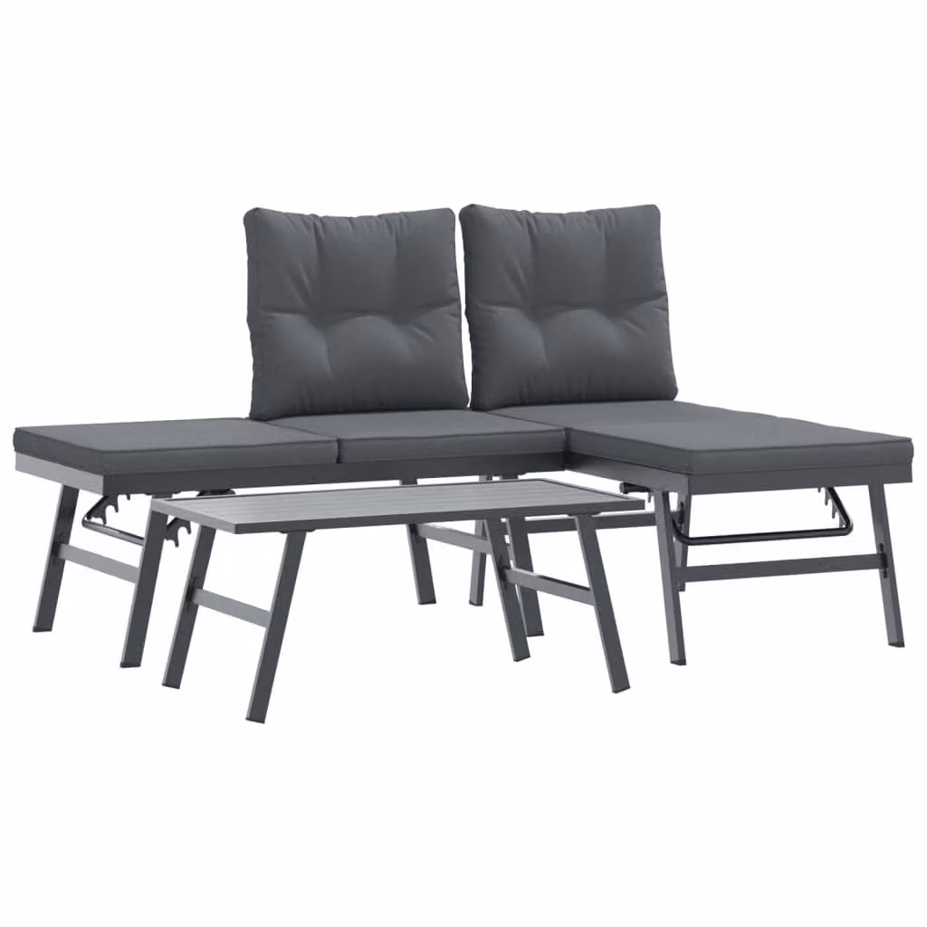 Set Panche Giardino Cuscini 3pz Nere Acciaio Verniciato Polvere