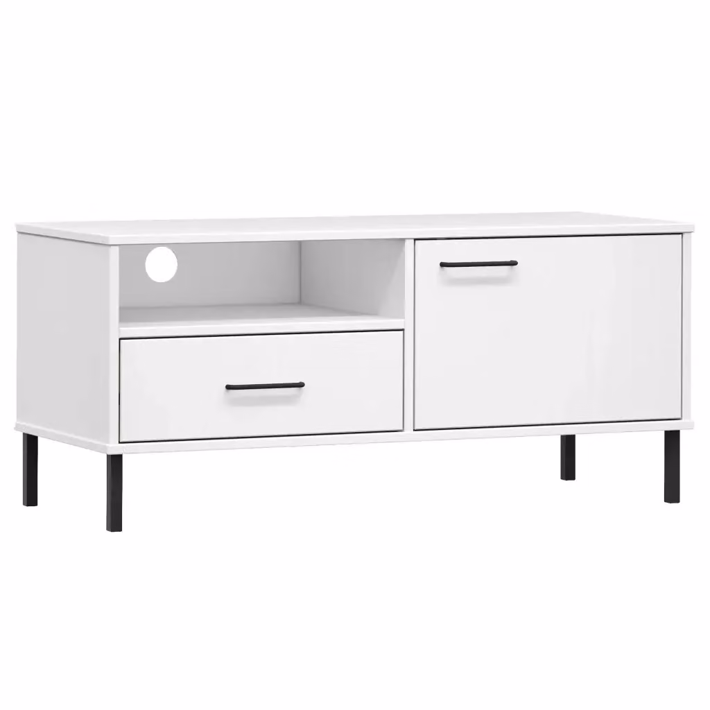 Mobile TV vidaXL OSLO in legno massello di pino e metallo, colore bianco, stile rustico, L: 106,0 cm, P: 40,0 cm, H: 46,5 cm – 2