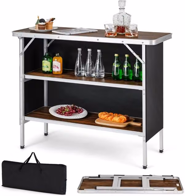 Tavolo da campeggio e picnic pieghevole in alluminio marrone con ripiani aperti e design moderno – 1