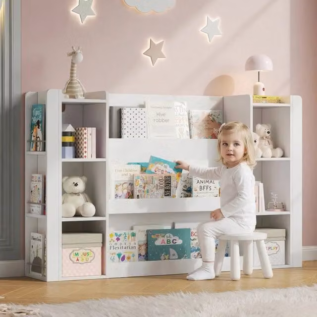 Scaffale per bambini con vano portaoggetti, libreria e armadietto in legno bianco 140x30x95 cm