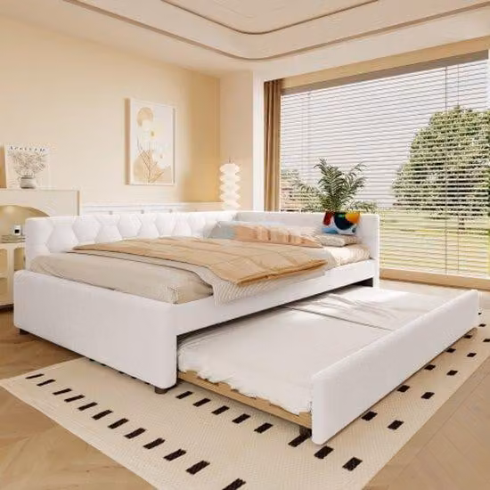 Divano letto a due posti, dimensioni 140x200 cm, con rete a doghe, senza materasso, lampada da comodino, porta USB di tipo C, rivestito in ecopelle confortevole, colore bianco