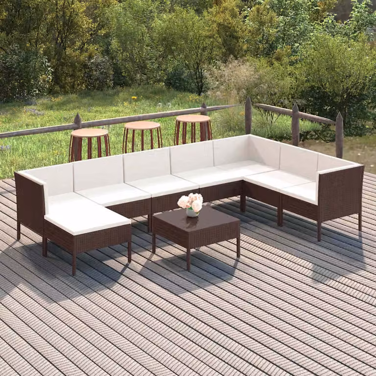 vidaXL Set Divani da Giardino 9 pz in Polyrattan Marrone e Bianco con Cuscini e Tavolino
