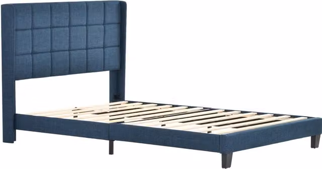 Letto Matrimoniale Imbottito con Testiera in Lino Blu 140x200 cm con Rete a Doghe e Materasso a Molle