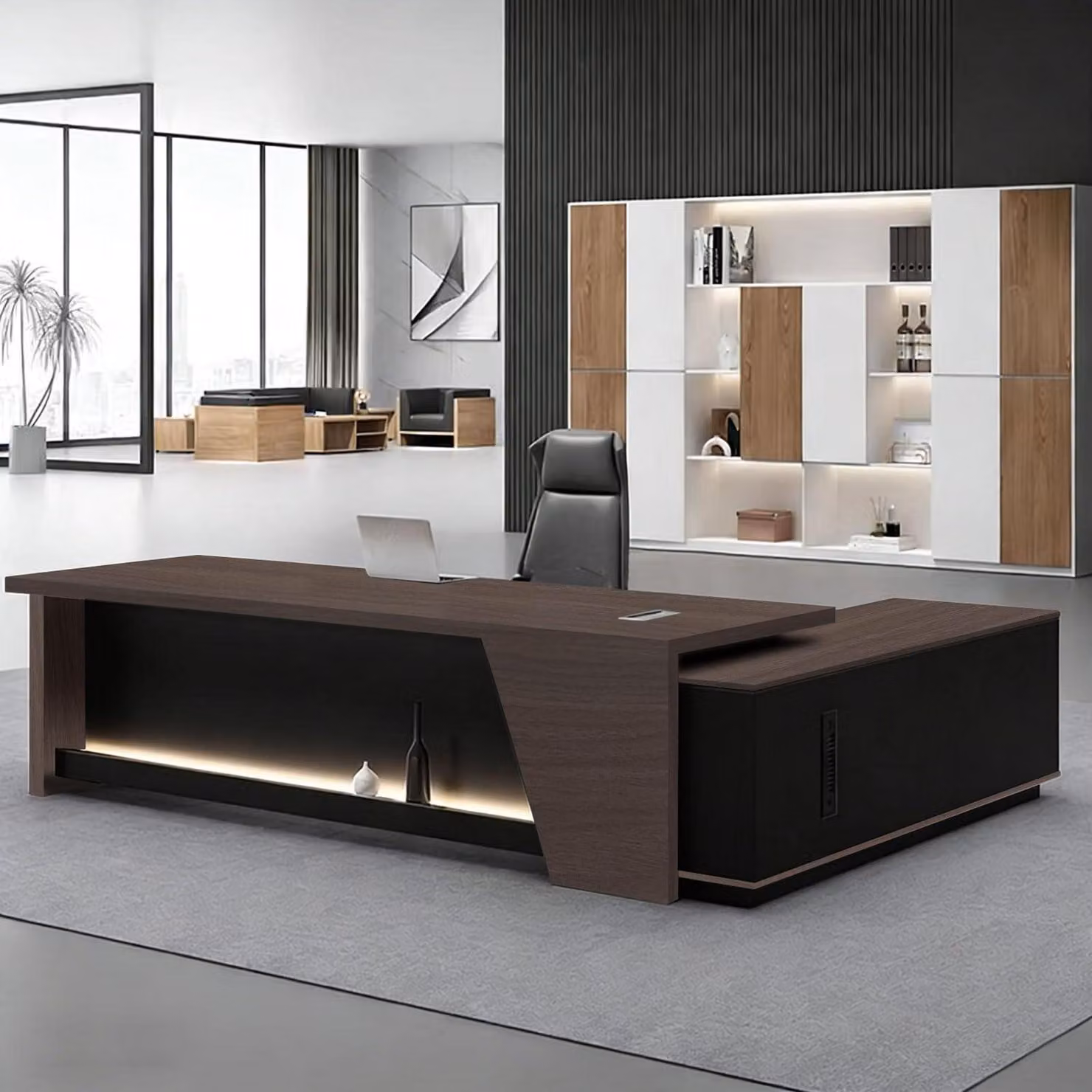 Scrivania a forma di L con spazio contenitivo, dimensioni 150x60x75 cm, colore nero e bianco