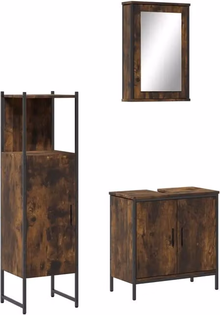 Set Mobili da Bagno | Armadio da bagno 3 pz Rovere Fumo in Legno Multistrato