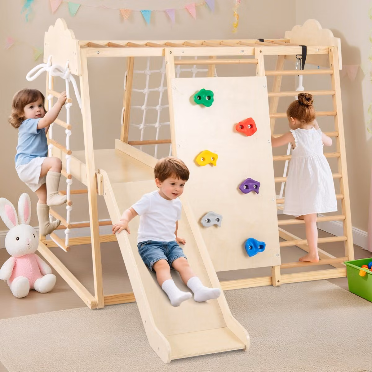Costway Palestra da interno 8-in-1 in legno con scivolo rimovibile per bambini dai 3 anni in su, Colore Naturale e Multicolore