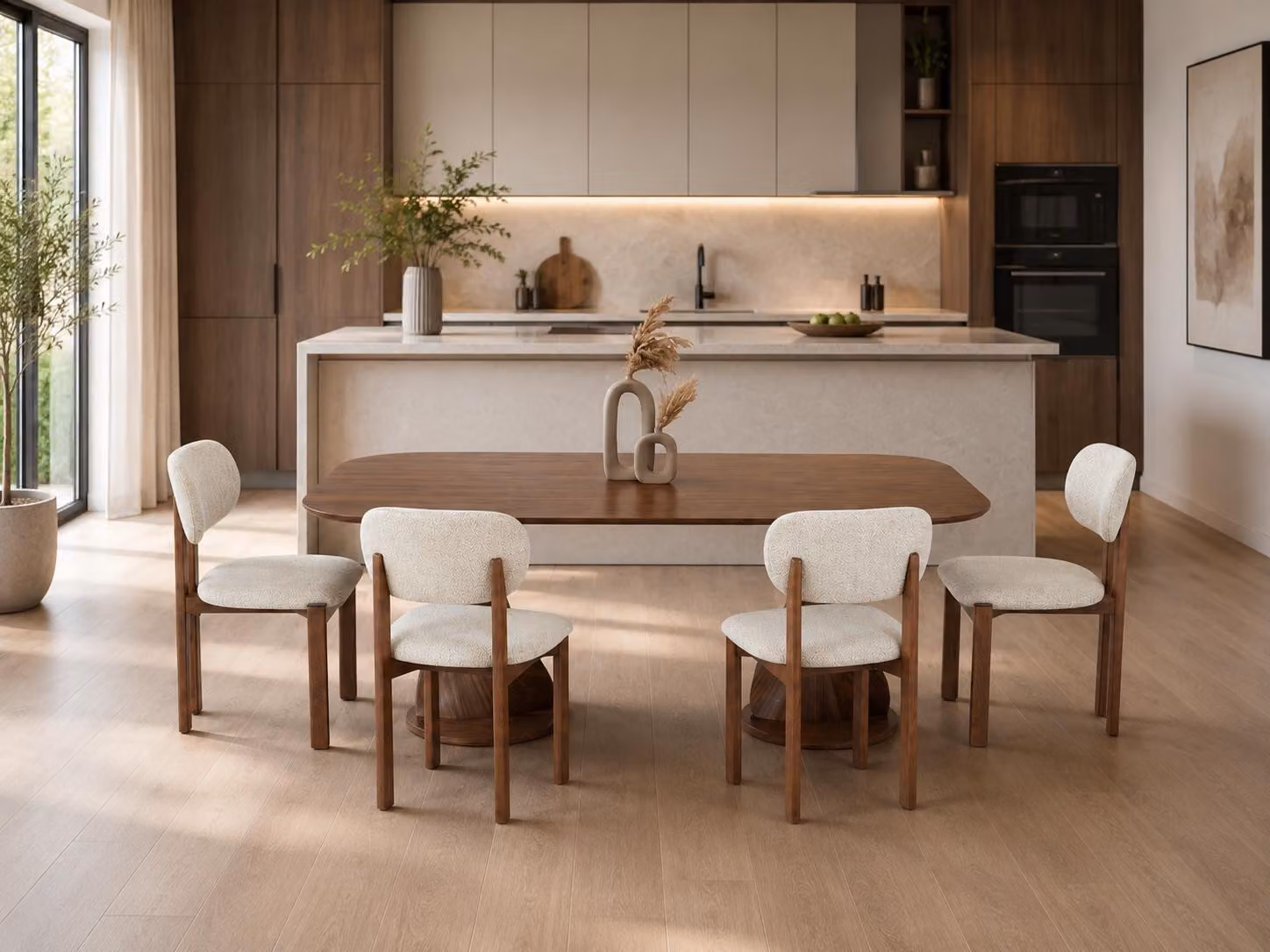 Set per sala da pranzo: tavolo da pranzo e 4 sedie, design moderno, colore marrone, elegante, versatile