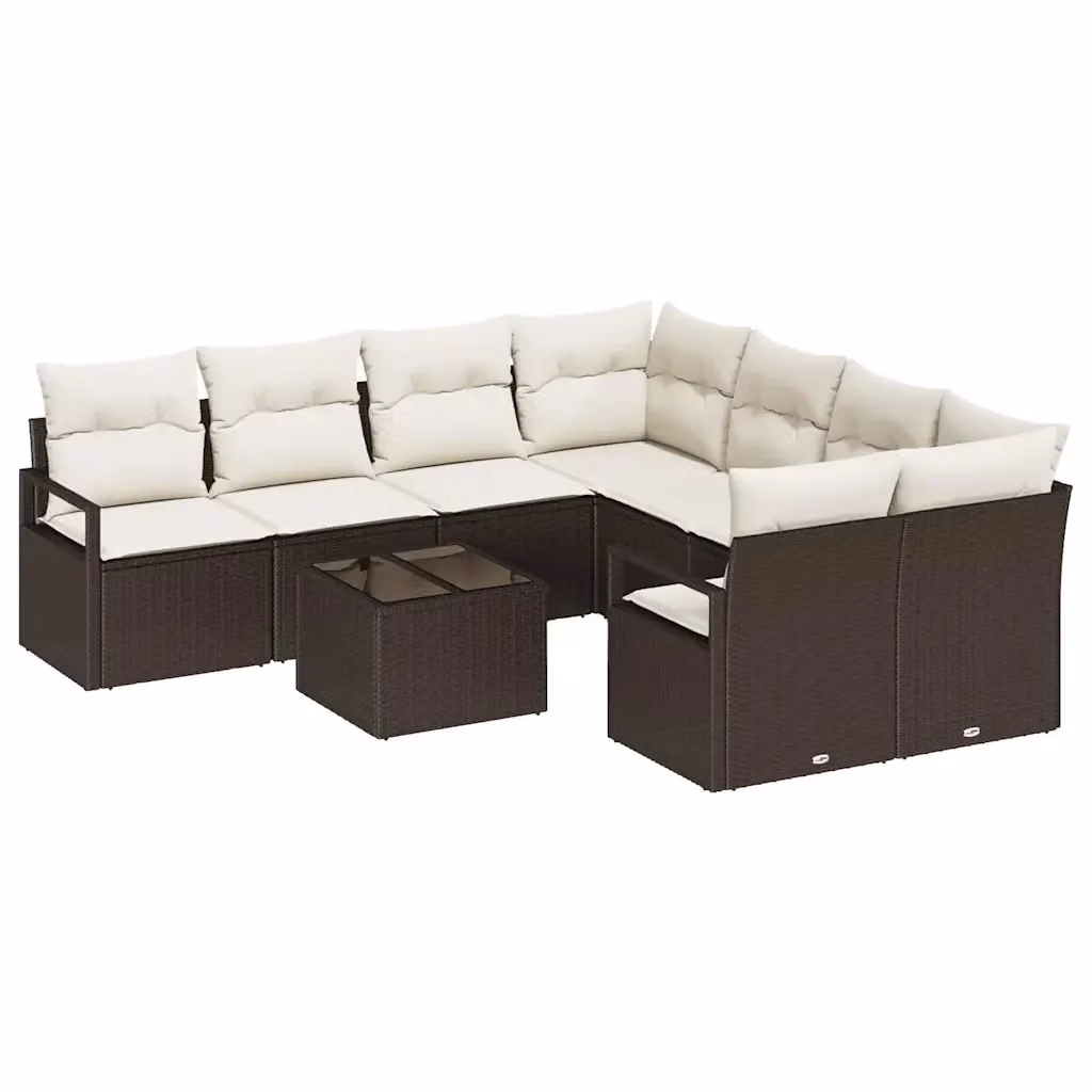 Set di divani da giardino vidaXL in rattan con cuscini, 9 pezzi, Marrone e Beige – 2