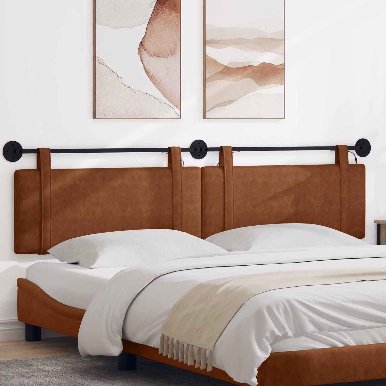 Testiera da letto sospesa vidaXL in similpelle marrone con illuminazione integrata e pannello imbottito