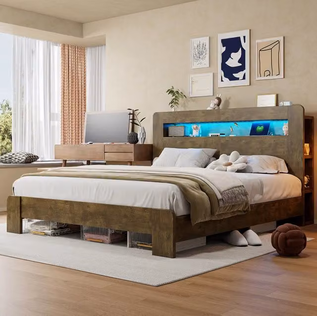 Letto multifunzione in legno 180x200 cm con testiera contenitore; LED e prese