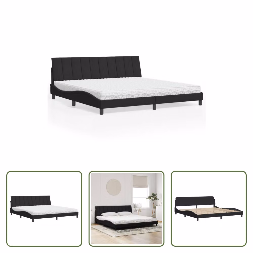 The Living Store Letto con materasso nero 200x200 cm in velluto