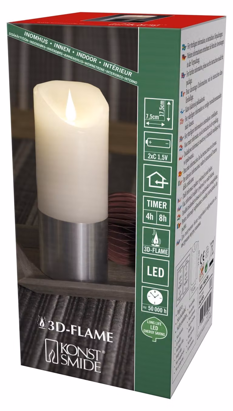 Candela a LED, bianca, con decorazione argentata, fiamma tridimensionale, timer, alimentata a batteria