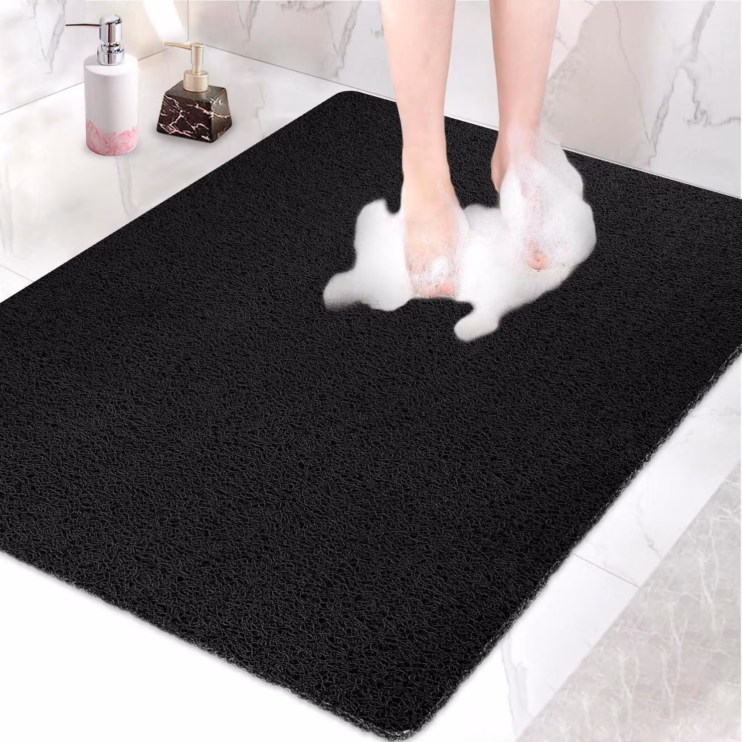 Tappetino antiscivolo per doccia, 80x100 cm, nero, in PVC con superficie tipo luffa per massaggio, ad asciugatura rapida