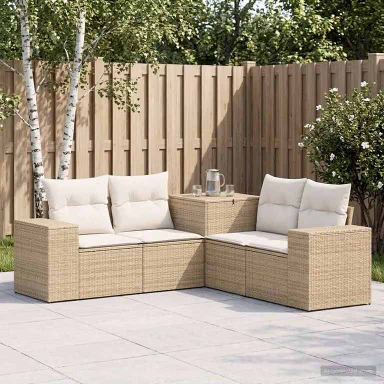 Set di divani da giardino vidaXL a forma di L in polyrattan con cuscini beige e bianco crema
