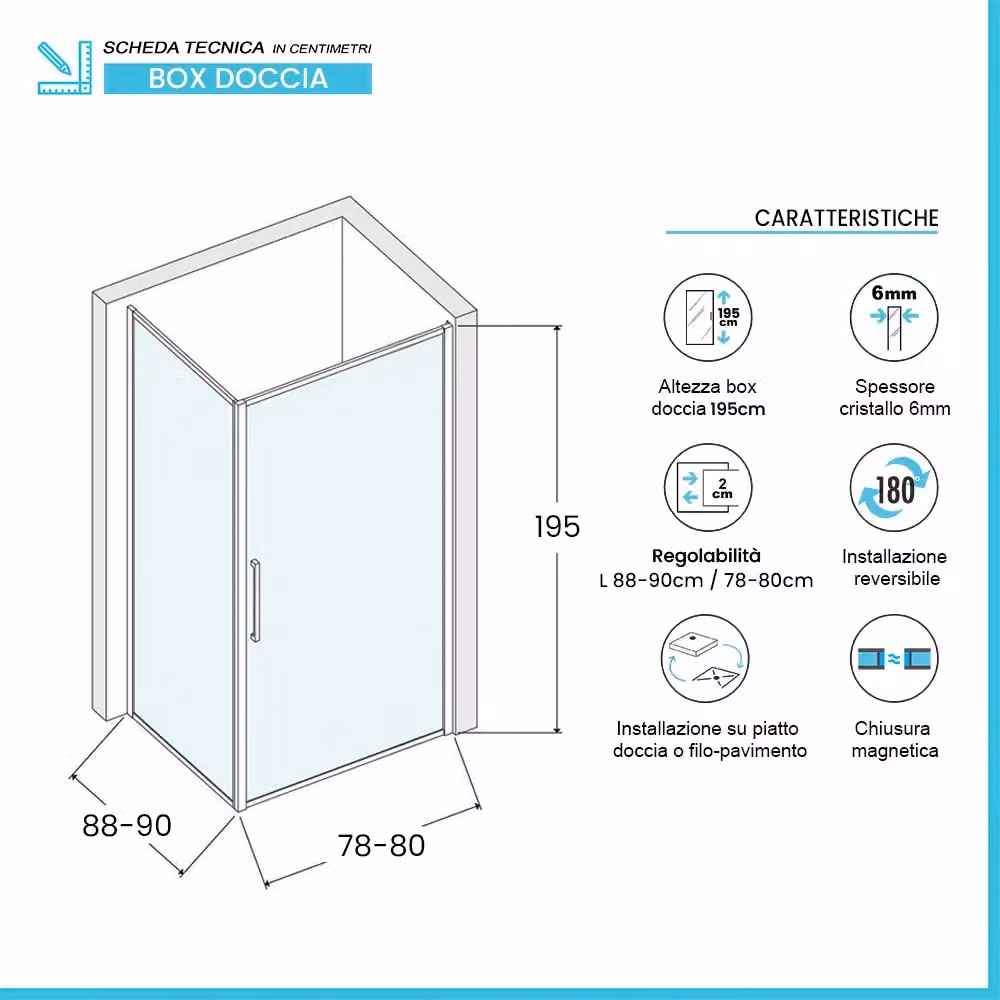 Box doccia angolare Neos in vetro temperato trasparente con profili nero opaco L 90 cm x P 80 cm x H 195 cm, apertura a battente – 2
